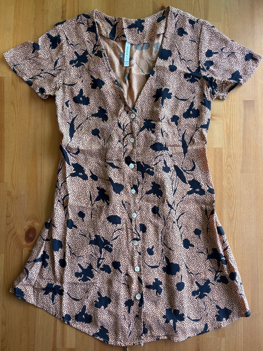 RVCA Button-Front Floral Dress in Tan and Black Floral